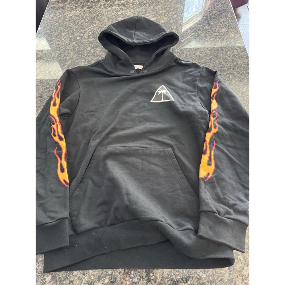 Palm Angels Black Flame Sleeves Hoodie Size L Fire Flames. Pullover, Unisex